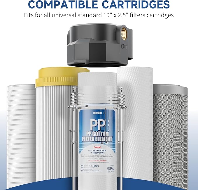 Whole House Water Filter Housing, Fit 10"x2.5" Sediment etc Filters for Well and City Water, Pre-Filtration System for Home, 1/2" Brass Portand includes a 3/4 inch adapter, R-Type O-Ring, Bracketless