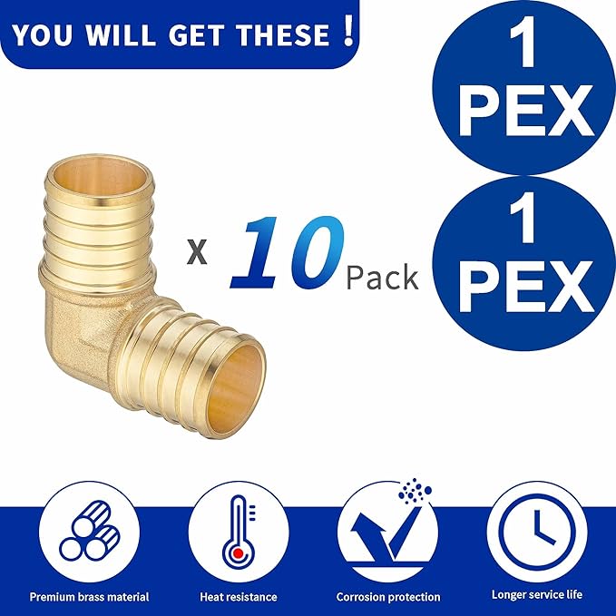 (10 Pack) Lidertik Pex Fittings 1 Inch 90 Degree Elbow Crimp Fitting, 1" PEX B F1807 to 1" PEX B F1807 Adapter Brass LI-APXE11(10 Pieces)