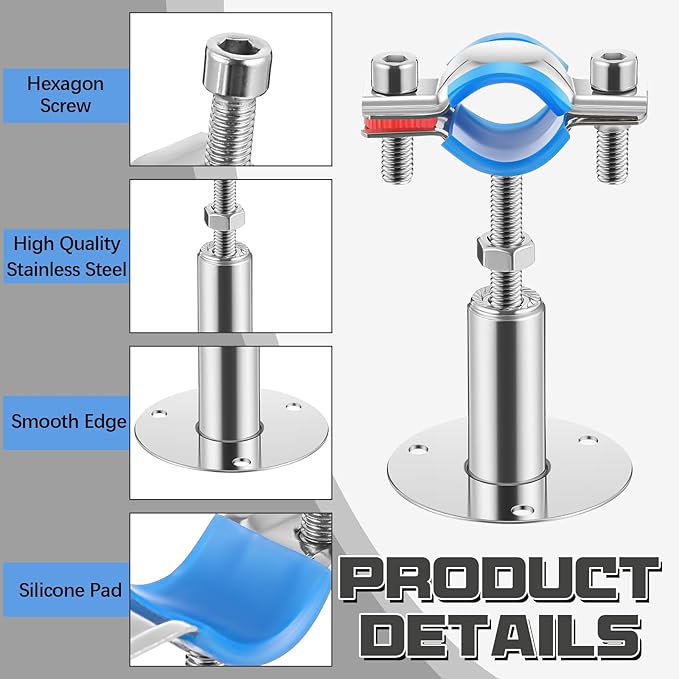 12 Pcs 304 Stainless Steel Wall Mount Ceiling Mount Pipe Supports Bracket, Suitable for OD 3/4"(25-28mm), Adjustable Height 50-100mm, Adjustable Pipe Strap Clamp with Screws and Screwdriver
