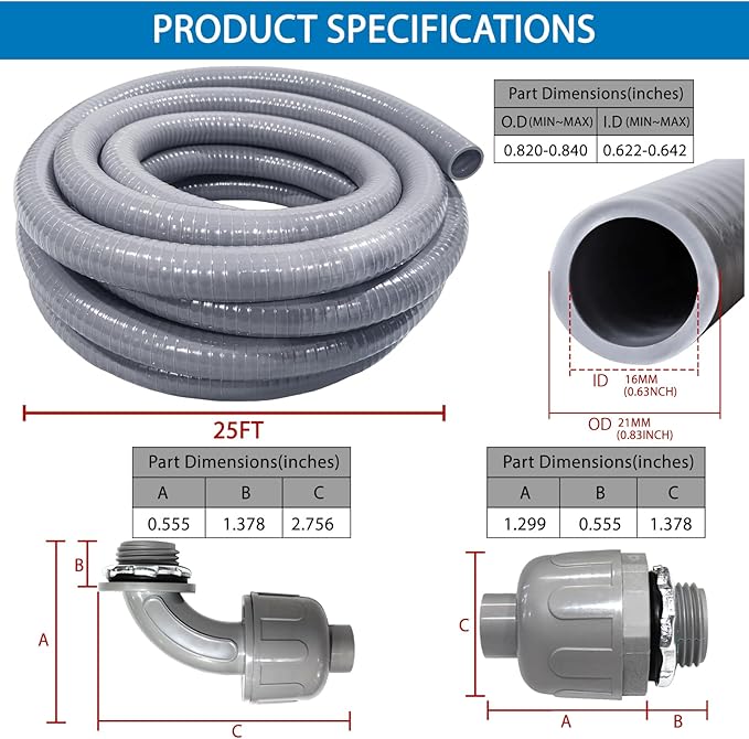 Liquid-Tight Conduit and Connector Kit 1/2 Inch 25 Ft,Flexible Non Metallic Liquid Tight Electrical Conduit UL Certification,Electrical Conduit Kit with 5 Straight,3 Angle Fittings