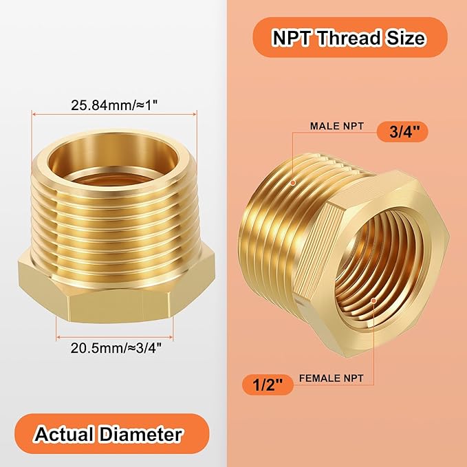 3 Pack Male to FeMale Adapters, 3/4" Male NPT x 1/2" FeMale NPT Brass Hex Bushing Reducer for Industrial, Automotive, Fluid Transfer, Home Gardening, Water Treatment