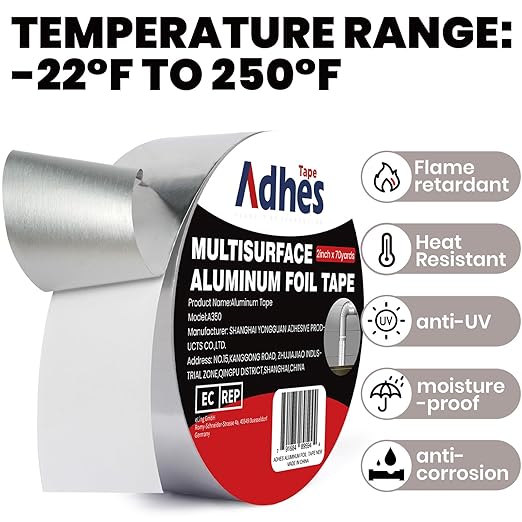ADHES Heavy Duty Aluminum Foil Tape 3 Inch x 210 Feet(70 Yards) – Heat Resistant & Waterproof Silver Duct Tape – High-Temperature HVAC Tape for Ductwork, Sealing, Insulation, and Repairs
