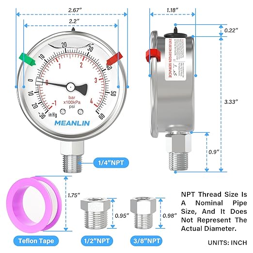 MEANLIN MEASURE -30inHG~60Psi Vacuum Pressure Gauge 316 Stainless Steel Joint 1/4"NPT 2.5"FACE DIAL, Liquid Filled Pressure Gauge WOG Water Oil Air Lower Mount with Stainless Steel Hex Bushing, Snaps