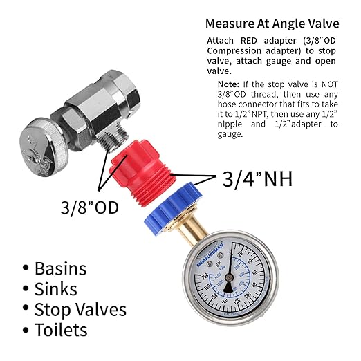 MEASUREMAN 2-1/2" Water Pressure Gauge Kit 6 Parts Kit, Lead-Free Brass, 2-1/2" dial, 0-200 Psi，Glycerin Filled,3/4" Hose Thread, Plus 5 Adapters