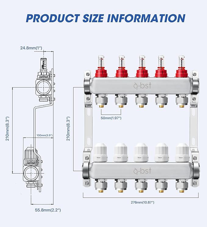 ABST PEX Manifold,5 Loop Stainless Steel Floor Radiant Heat Manifold Kit with 1/2" Adapters Included for Hydronic Radiant Floor Heating