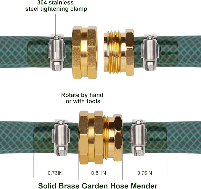 Biswing Garden Hose Repair Connector with Stainless Steel Clamps, 5/8" Barb x 3/4" GHT Thread Aluminum Water Hose Pipe Repair Kit, Female and Male Hose Connectors, 4 Pack