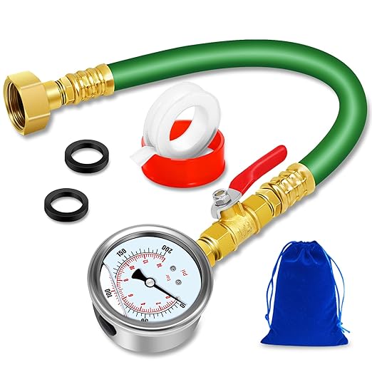 Water Pressure Gauge with 12'' Hose, 0-200 Psi Pressure Gauge Filled with Oil, 3/4" GHT Female Thread Water Pressure Test Gauge Hose Kit, for Home, Industrial, Garden Water Pressure Test