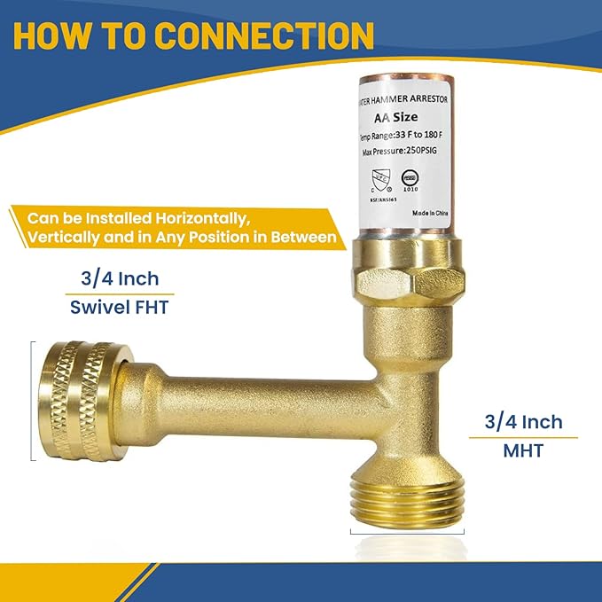 Water Hammer Arrestor,3/4 Inch Swivel FHT x 3/4 Inch MHT Tee Stainless Steel Water Arrestor for Washing Machine Connection(20PACK, Tee Copper Arrestor)(HAMMER014-20Pack)