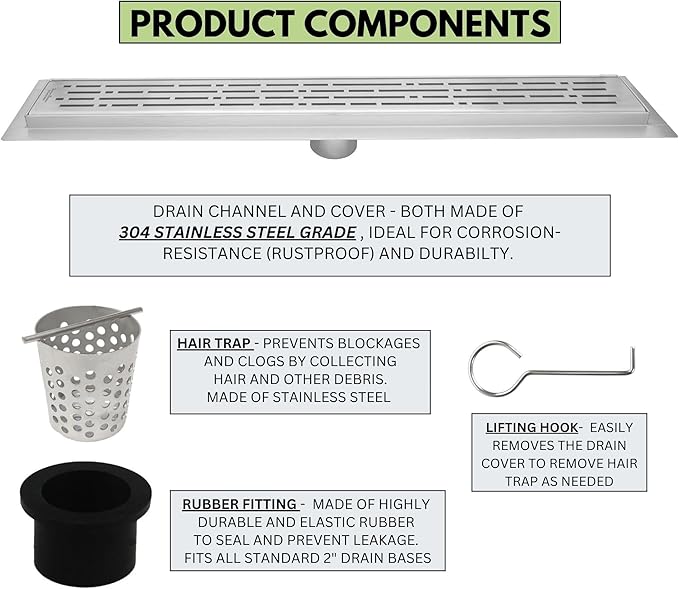 SereneDrains 304 Stainless Steel 40 Inch Brushed Nickel Linear Shower Drain Kit Broken Lane Linear Shower Drains for Tile Floor Long Hair Catcher Strainer Cover Bathroom (Brushed Nickel, 39 Inch)