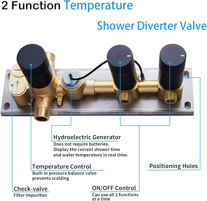 2 Function Shower Diverter with Temperature Display Solid Brass Shower Mixer Valve Pressure Balancing and Flow Control Bathroom Shower Diverter Valve，Matte Black
