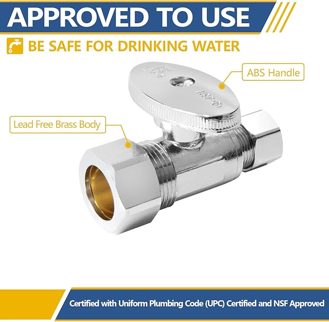 Straight Stop Valve,1/2" Nominal (5/8" OD) Compression x 3/8" OD Straight Shut-off Valve with 1/4 Turn on/off (Pack of 10)(VALVE122)
