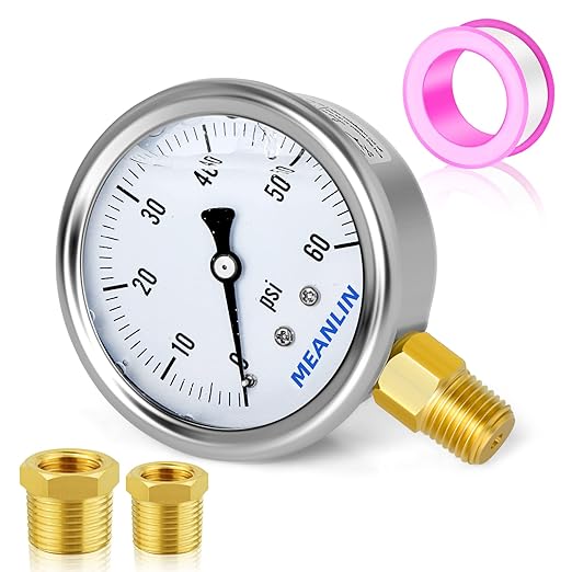 MEANLIN MEASURE 0~60Psi Stainless Steel 1/4" NPT 2.5" Single Scale FACE DIAL, Glycerin Filled Pressure Gauge, Pool Sand Filter, Lower Mount, with 1/2" NPT and 3/8" NPT Hex Bushing