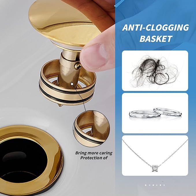 BWE Brushed Gold Pop Up Drain for Bathroom Sink Without Overflow Bathroom Sink Stopper Assembly with Sink Drain Strainer, Brass