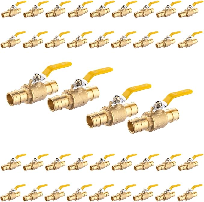 40-Pack Foskan 1" Brass PEX-A Ball Valve with Yellow Handle, Quarter Turn Full Port Valve for PEX-A Pipe Connection