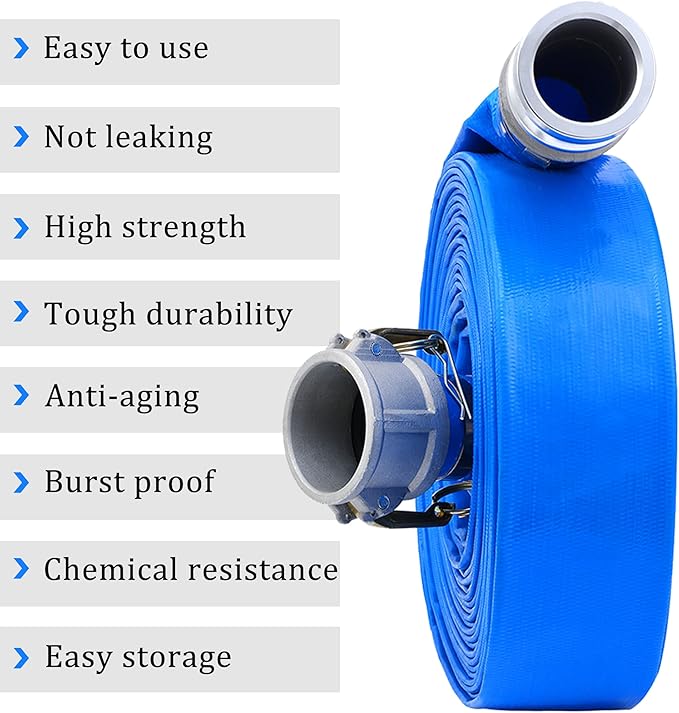 1-1/2" x 100ft PVC Lay Flat Discharge Hose With Aluminum Camlock C & E Fittings, Cam Lock Fitting, Heavy Duty Reinforced Pump Backwash Hose Assembly