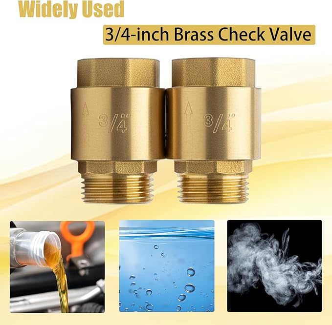 One Way 3/4 Inch Brass Check Valve, NPT Spring Loaded One Way Non Return Valve, Heavy Duty Backflow Suitable for Water Supply System (2 Pack)