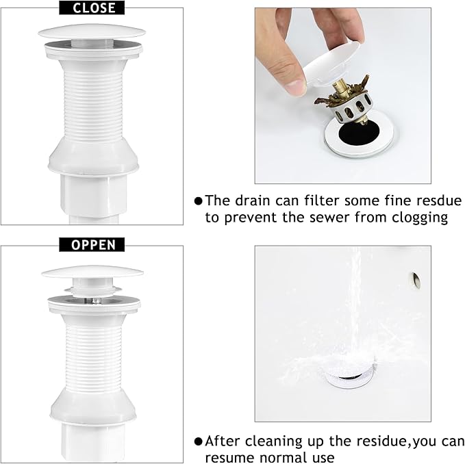 Bathroom Sink Drain,2 Pack White Drain Stopper Bathroom Sink Without Overflow,Pop Up Drain Assembly with Detachable Strainer Basket,Built-in Anti-Clogging, Stainless Steel Nut