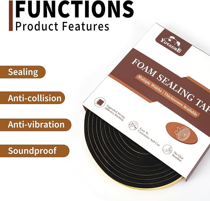 Yotache Foam Weather Stripping Seal Tape 3 Rolls 1/2" W X 1/8" T for Doors and Windows Gasket Insulation Soundproofing, 50 Ft Length (3 X 16.5 Ft Each)