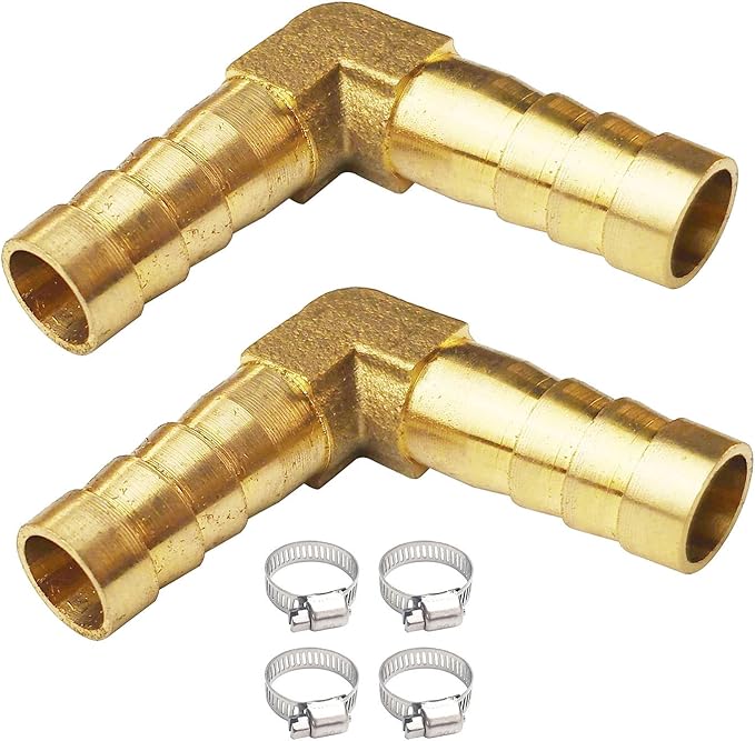 2PCs 3/8" Brass Hose Barb Fitting 90 Degree Elbow Barbed Splicer Mender Union Fitting with 4PCs Hose Clamp for Oil Water Air