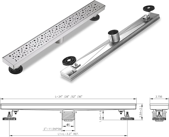 Linear Shower Drain 28 Inch, Bubbles Shower Drain SUS-304 Stainless Steel, 51L/Min Fast Drainage Floor Linear Drain, US Standard CUPC Certified, Brushed Silver, SD-099