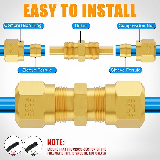 74Pcs DOT Air Brake Line Fittings,Brass Compression Air Nylon Tubing Fittings Assortment Kits 1/4" 1/8" 3/8" 1/2" 5/8" for Industrial Use or Trucks Trailers