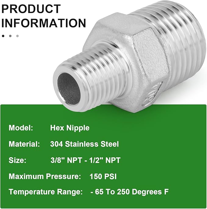 TAISHER 5PCS Cast 304 Stainless Steel Hex Nipple, Reducer Pipe Fitting 1/2-Inch Male Pipe x 3/8-Inch Male Pipe