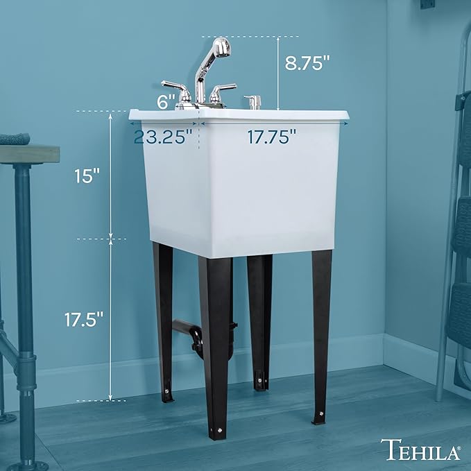 Space Saver Utility Sink by JS Jackson Supplies, Pull-Out Faucet, Soap Dispenser, White Tub with Chrome Plated Faucet