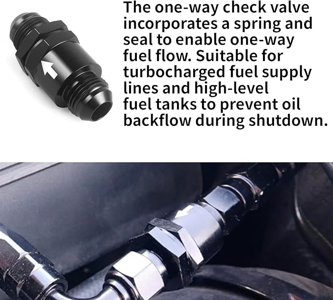 AN8 One Way Non Return Check Valve 8AN to AN8 Male Flare Inline Fitting Aluminum Black 2PCS