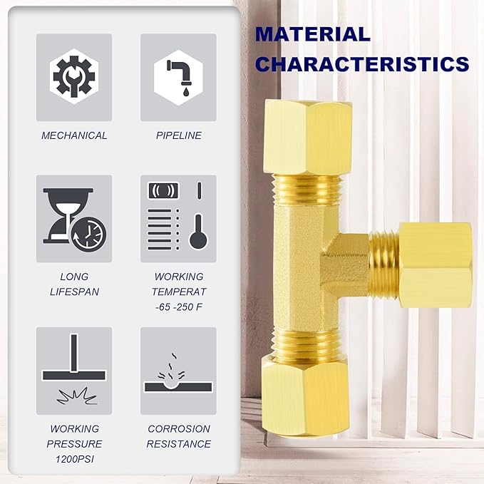 ChillWaves Brass Tee Compression Tube Fitting, 1/8" OD x 1/8" OD x 1/8" OD Compression Union Connector(5-PACK)