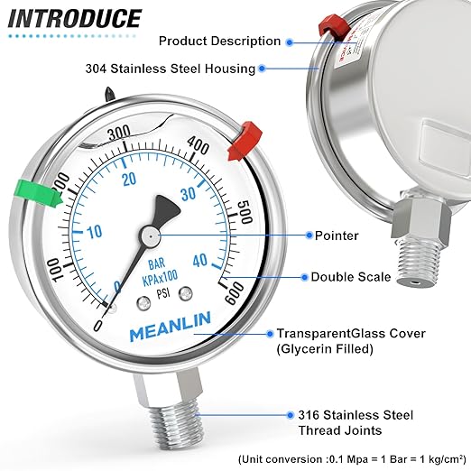 MEANLIN MEASURE 0~600Psi Stainless Steel Liquid Filled Pressure Gauge 2.5" FACE DIAL 1/4" NPT for WOG Water Oil Air Lower Mount with Stainless Steel Hex Bushing and Snaps