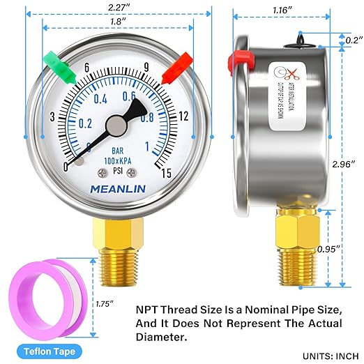 MEANLIN MEASURE 0~15Psi Dry Low Pressure Gauge Stainless Steel 1/4" NPT 2" FACE DIAL Waterproof for Water Oil Air Well Pump Tank Tire Pressure Test Lower Mount (with 2PCS Snaps)