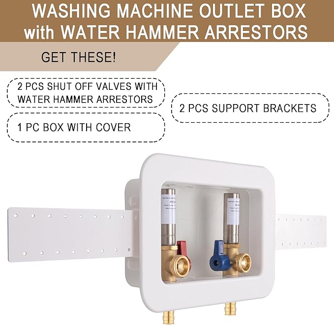 [1 Piece] Lingmfg Washing Machine Outlet Box PEX-A Expansion with Hammer Arrestors and 2 inch Central Drain, 1/2 inch PEX-A Expansion, Connection 3/4 inch Washing Machine Hoses LING-WMOB-W-SSWHA-3