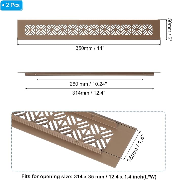 PATIKIL 14 x 2 Inch Door Air Vent Cover, 2 Pcs Heavy Duty Aluminum Grille Ventilation Cover Louvered with Mounting Screws for Cabinet Wardrobe Door, Brown