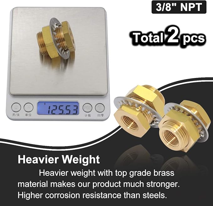 2pcs Brass Bulkhead Fittings 3/8” NPT Female to 3/8” NPT Female Thread Bulkhead Straight Connector Brass Coupling 1.3” Length Outer Diameter 1”-14 Bulkhead Tank Air Hose Line Pipe Fittings