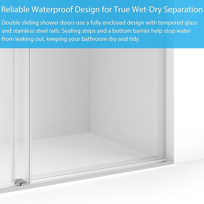 Frameless Double Sliding Shower Door - 44 to 48 Inch Adjustable Width x 74 Inch Height, 1/4" (6mm) Clear Tempered Glass with Easy-Clean, Space-Saving Bypass Design, Brushed Nickel Finish for Bathroom