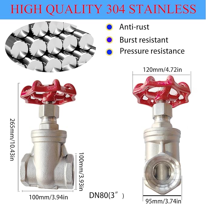 304 Stainless Steel Gate Valve DN80, 3" NPT Stainless Steel Female Threaded Rotary Globe Valve for Water Flow Switches, Fuel Water Vapor, Air Switches, Air Compressors and Sump Pumps, etc