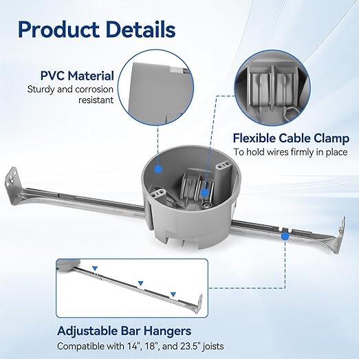 Round Electrical Box with Hanger Bar, 14"/18"/23.5" Adjustable, PVC Ceiling Box for Lights, 20 CU.in, UL Listed, 48 Pack