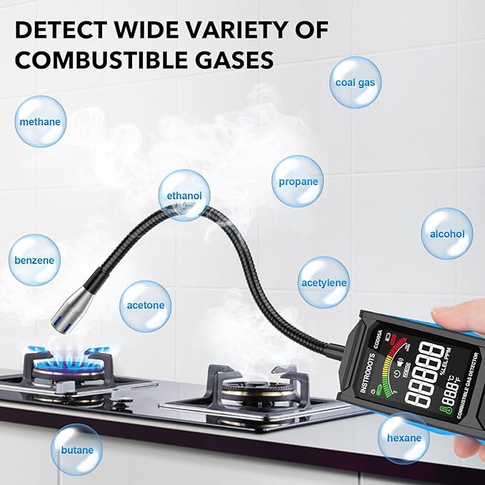 Natural Gas Detector, Gas Leak Detector with Audible & Visual Alarm, Rechargeable Gas Sniffer with 11.3-inch Gooseneck, Locating Propane, Natural Gas, Combustible Gas Leak for Home and RV