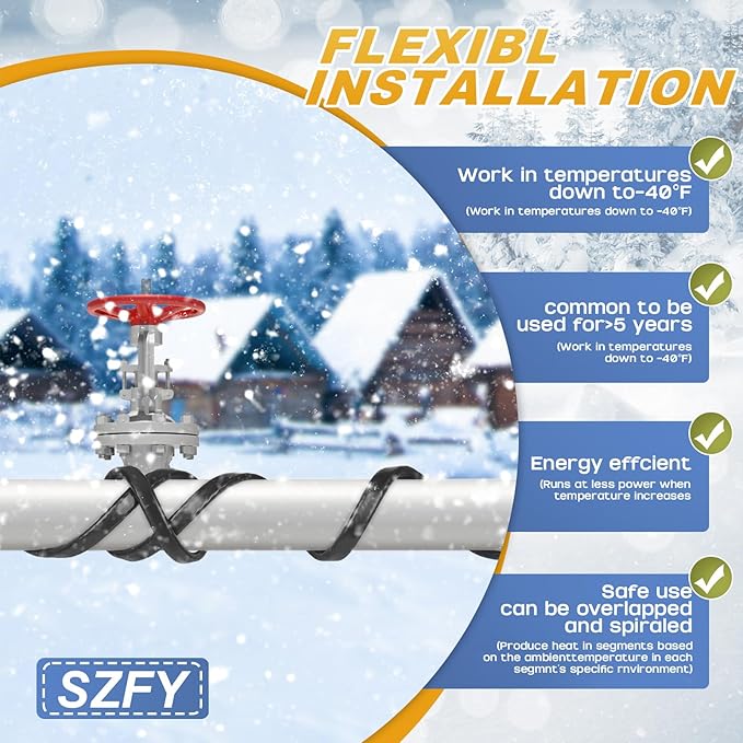 3FT~200FT Heat Tape for Water Pipes, -40°F Deicing Cable,Pipe Heat Cables for Roof,Gutter，Farm，Freeze Protetion Heating Wires, Heated Water Hose,Plumbing Fixtures,120V 5W/FT (120FT)
