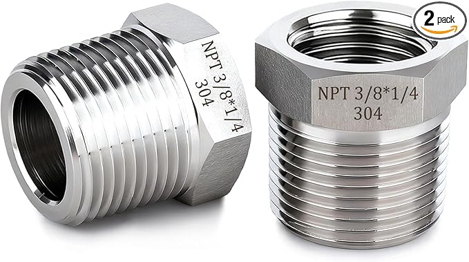 3/8" NPT Male to 1/4" NPT Female Reducer Bushing,2 Pcs 304 Stainless Steel NPT Reducing Adapter Pipe Fitting, Heavy Duty Pipe Hex Bushing for Reducing Pipe