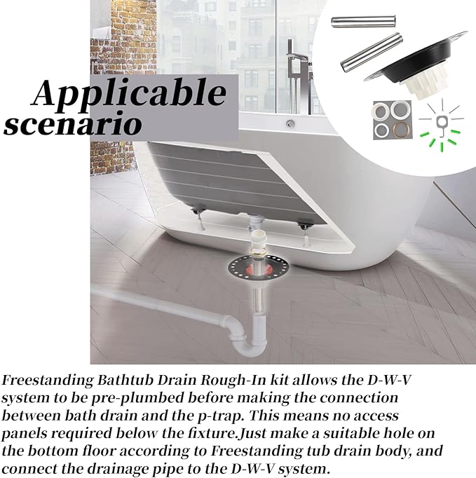 Freestanding Bathtub Rough-in Kit With Stainless Steel Tail Pipe and PVC Adapter Compatible with All Freestanding Bathtubs, Standard Bathtubs and Floor Mounted Bathtub - Fit 1-1/2" Bathtub Drains