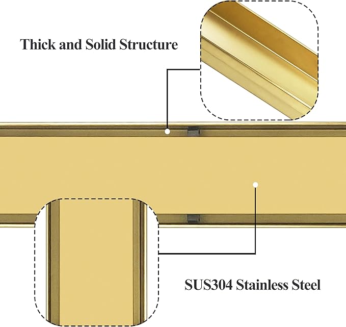 24 Inch Linear Shower Drain Gold Floor Drain with Removable SUS304 Stainless Steel CUPC Certificate and 2-in-1 Tile Insert Grate Cover