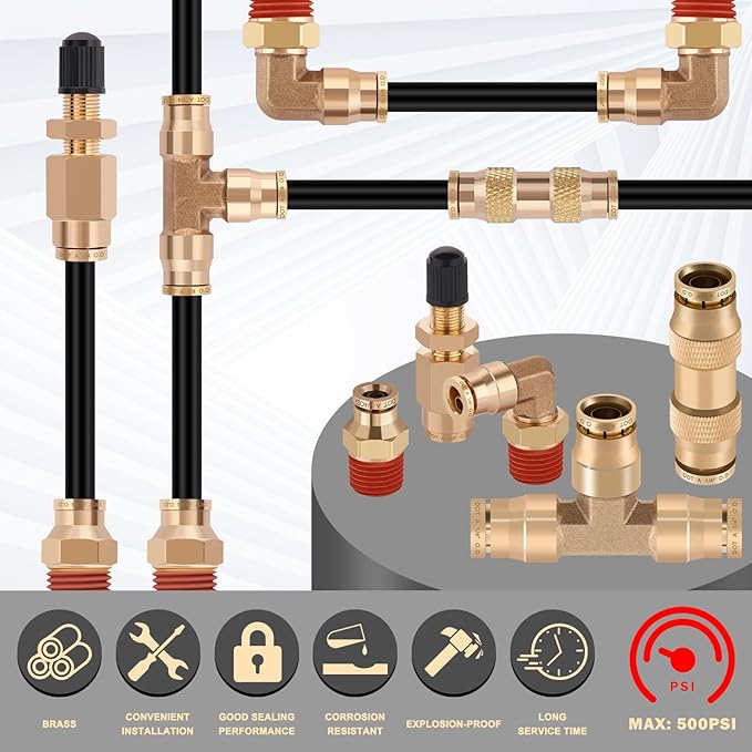 CheeMuii 50FT 1/4 DOT Air Line with 10 Pcs Brass Fittings Kit for Air Bags Suspension