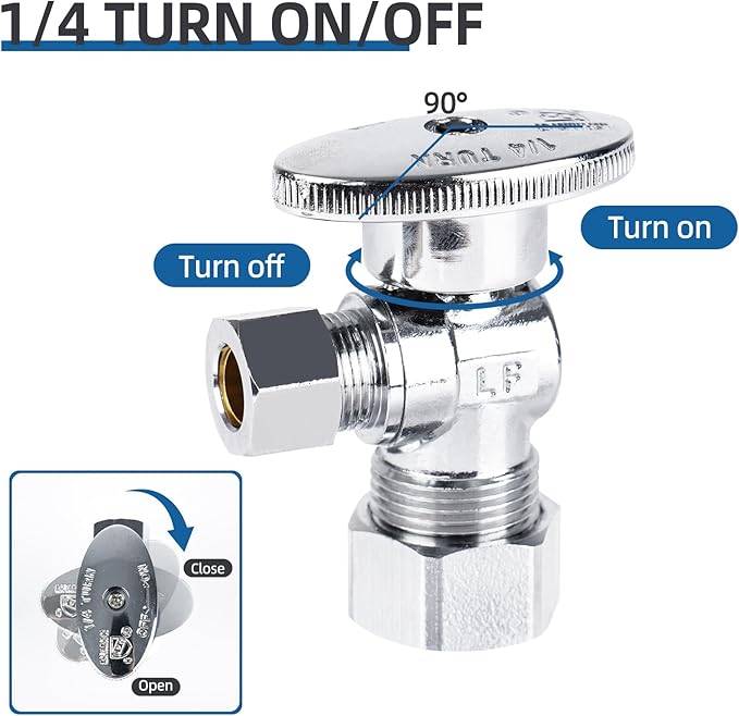 (4 Pack) BH Angle Stop Valve 1/2" Nominal Comp x 3/8" OD Comp, Quarter Turn Angle Stop Valve, Chrome Plated Brass, for Bathroom Toilet Kitchen Shower Plumbing