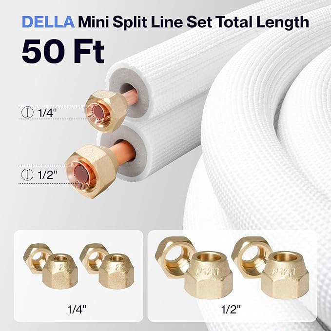DELLA 50 Ft Mini Split Line Set, Includes 1/4" & 1/2" O.D. Copper Pipes with Flared Nuts and a 3/8" Thick White PE Insulated Coil, Perfect for Mini Split AC and Other HVAC Systems
