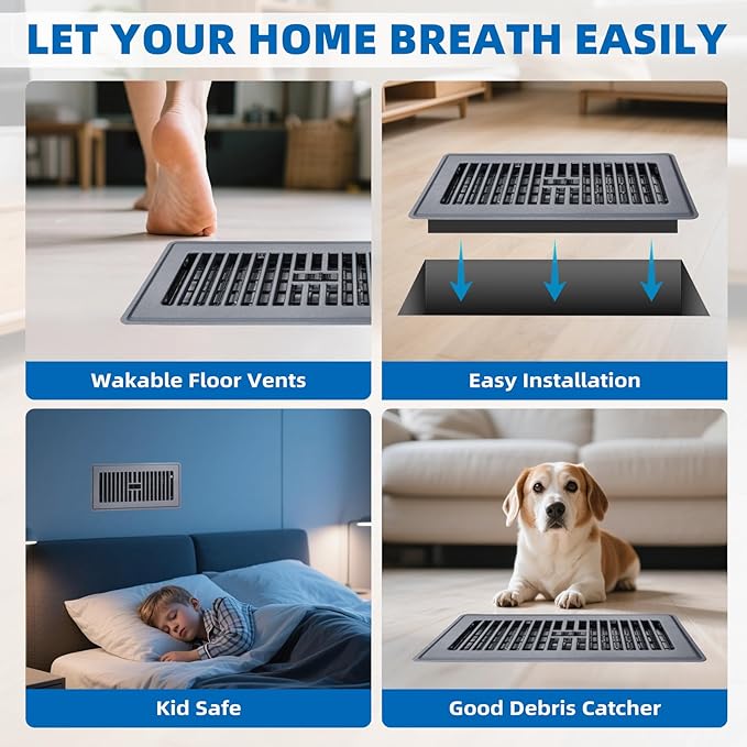 Floor Register 4x14-4 Pack Floor Vents Covers Heavy Duty Steel Walkable Floor Grates Vent Covers for Home Floor Intermediate Switch Design Adjustable Air Vent Covers for Sidewall and Floor, Gray