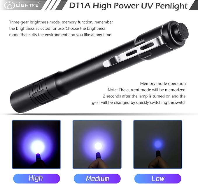 LIGHTFE Black Light D11A 395nm Ultraviolet Flashlight with high-Power Ultraviolet LED Light Source, Used for UV Glue Curing, Rock and Mineral Detection, pet Urine Detection lamp, AC Leak Detector
