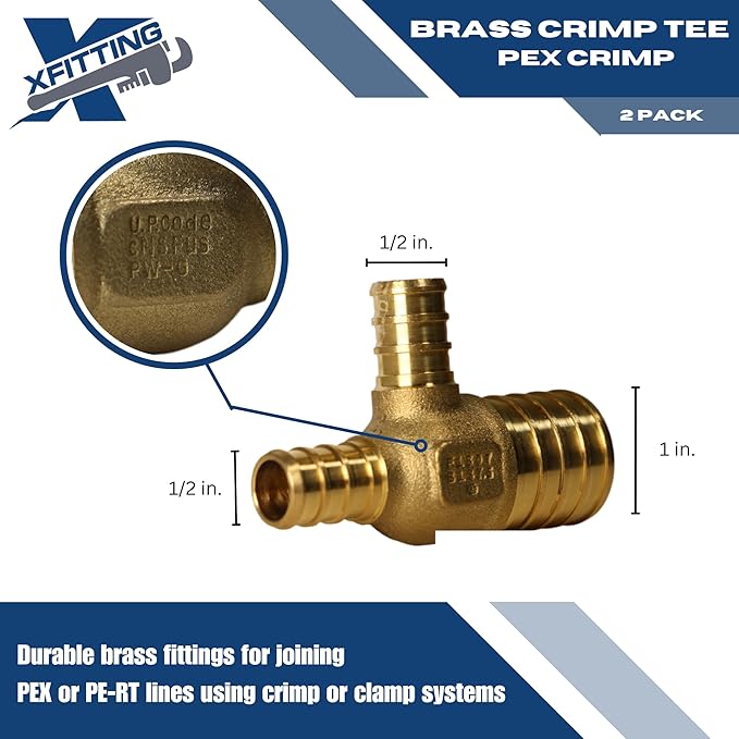 XFITTING 1 inch x 1/2 inch x 1/2 inch Pex Reducing Tee, Pex B Crimp Version 26-5-6=2X, 2 Pieces