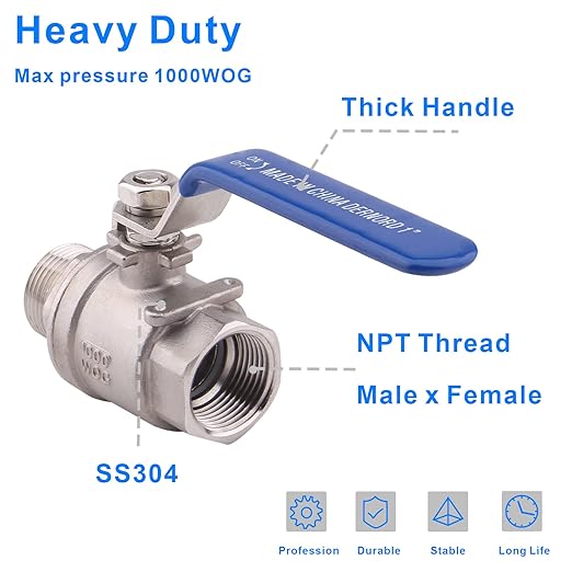 DERNORD 2 Pack Full Port Ball Valve 1 Inch - Male x Female Stainless Steel 304 Heavy Duty for Water, Oil, and Gas, 1000WOG
