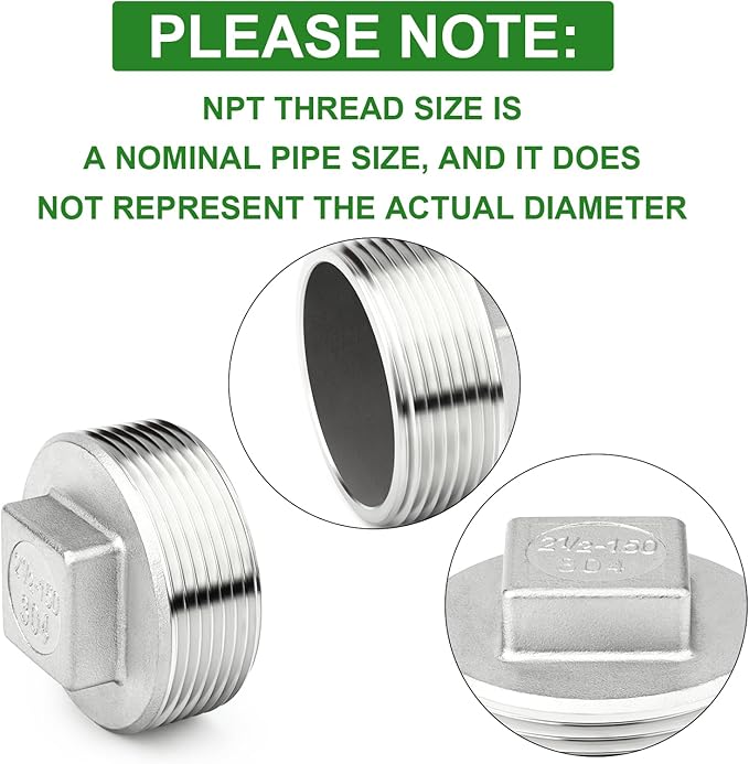TAISHER 1PCS 304 Stainless Steel Outer Square Thread Socket Pipe Plug Fitting 2-1/2" NPT Male